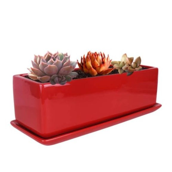 14 Inch Rectangular Modern Minimalist Ceramic Succulent Planter Pot - Window Box with SaucerOffice Desktop Potted Stand Red VF-0173R
