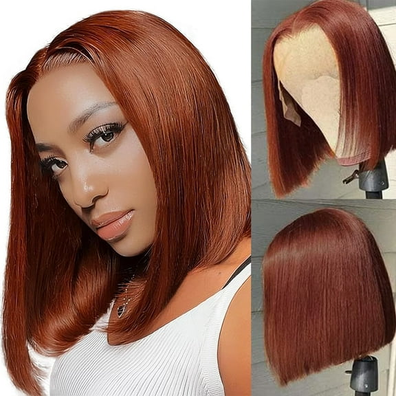 14 Inch Reddish Brown Short Bob Wig Human Hair 13x4 Lace Front Wigs Human Hair Pre Plucked with Baby Hair Glueless Brazilian Virgin Human Hair Wigs 180 Density Auburn Brow