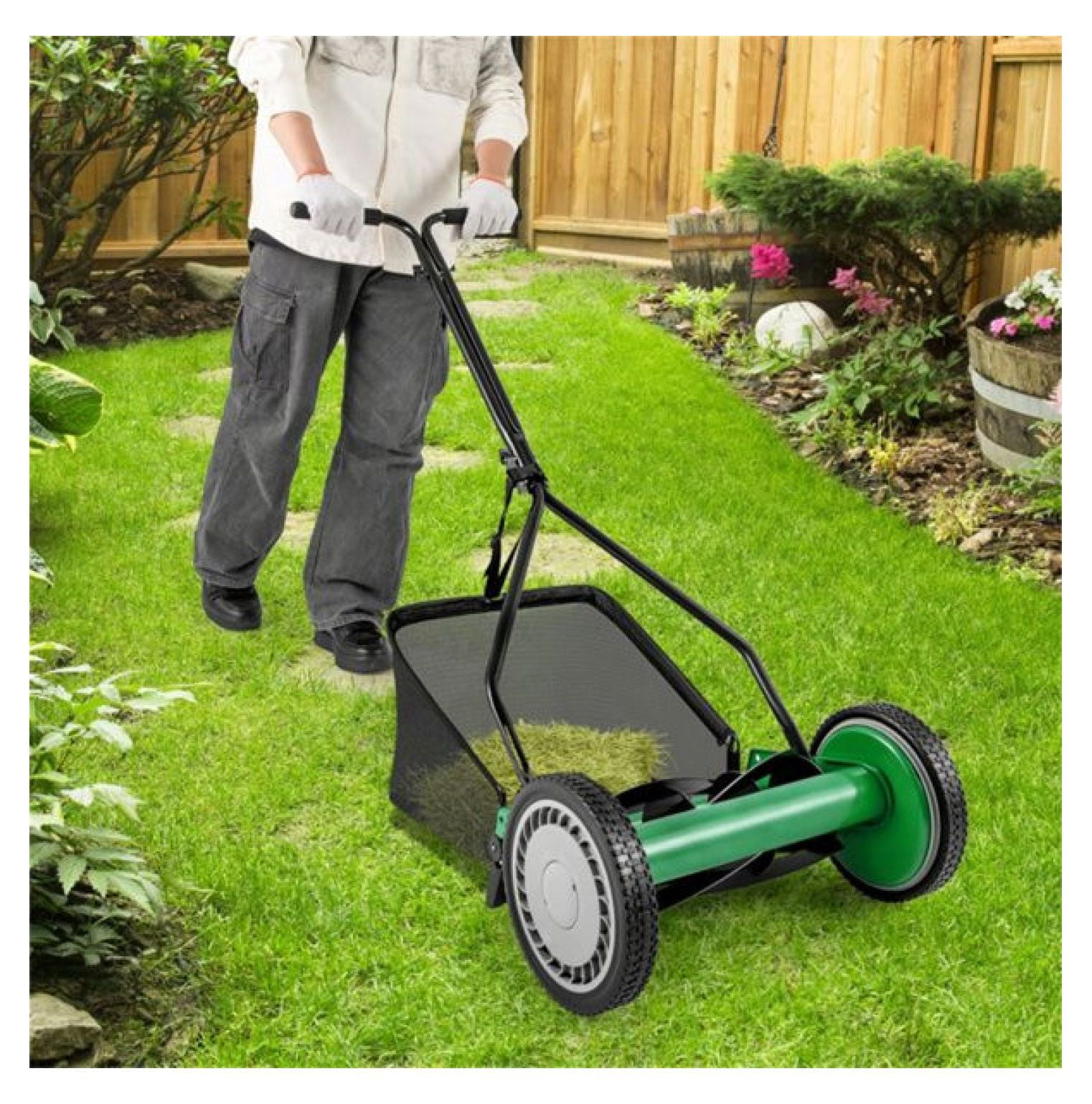 14 Inch Reel Lawn Mower with Grass Catcher - Manual Push Mower, Adjustable Height, 2-in-1 Cutting, Quiet Operation for Small Yards