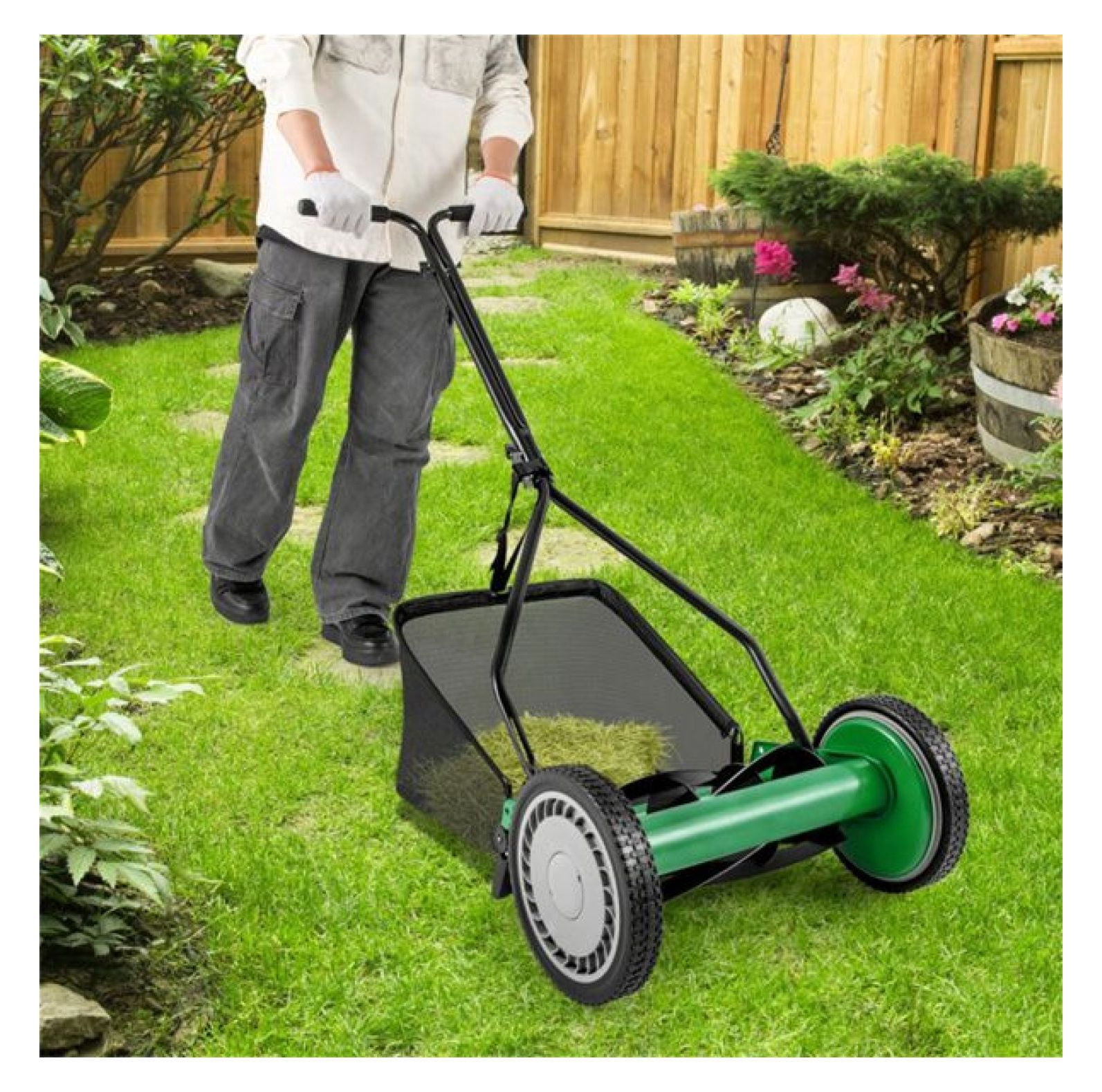 14 Inch Reel Lawn Mower with Grass Catcher - Manual Push Mower, Adjustable Height, 2-in-1 Cutting for Small Lawns, Green