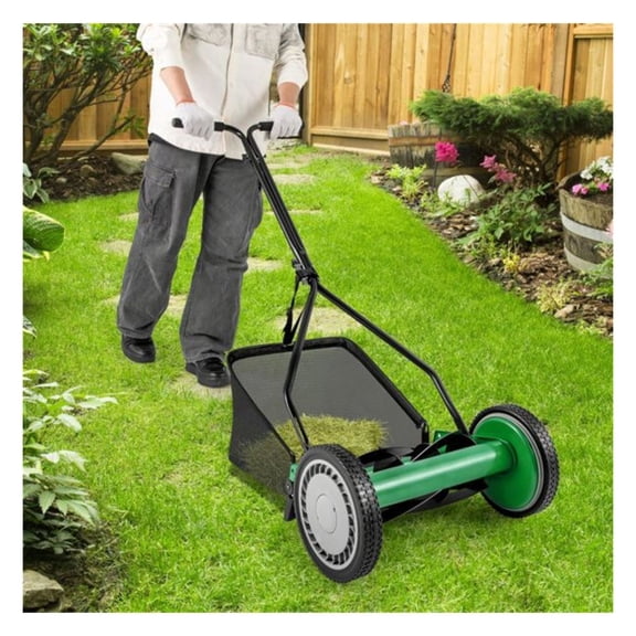 14 Inch Reel Lawn Mower with Grass Catcher - Manual Push Mower, Adjustable Height, 2-in-1 Cutting for Small Lawns, Green