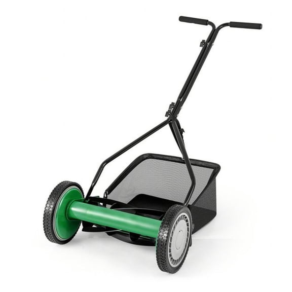 14 Inch Reel Lawn Mower with Grass Catcher - Manual Push Mower Adjustable Height 4 Settings Eco-Friendly Non-Electric Lawn Care for Small Yards