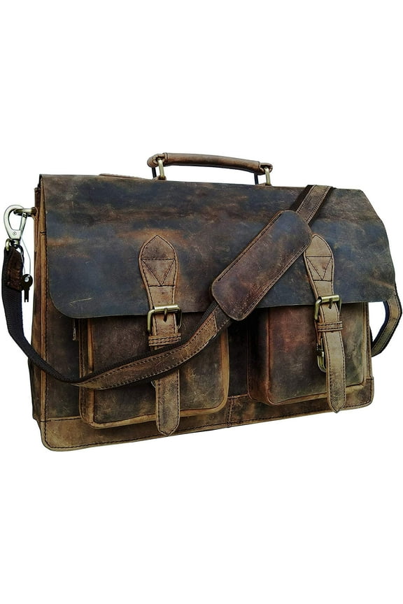 14 Inch Retro Buffalo Hunter Leather Laptop Messenger Bag Office Briefcase Crossbody Travel Bag For Men And Women