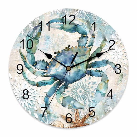 14 Inch Retro Crab Wall Clock, Nautical Starfish Summer Beach Bohemian Floral Battery Operated Silent Non Ticking Clocks, Easy to Read Round Wall Clock for Kitchen/Living Room/Bedroom/Bathroom