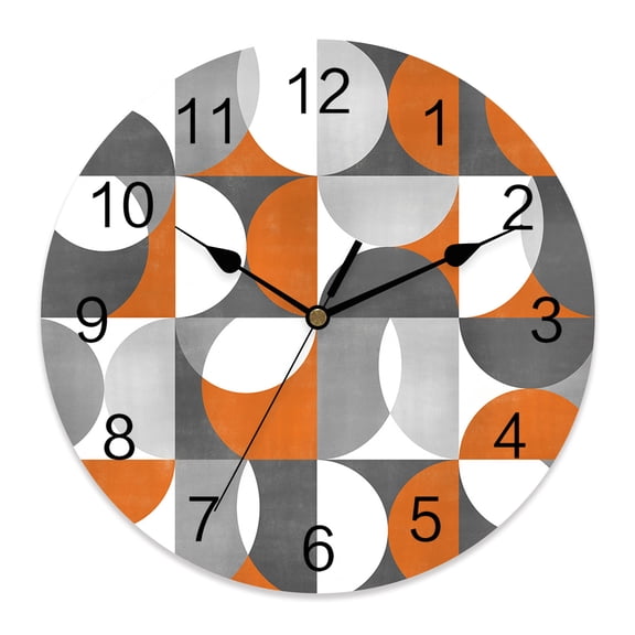 14 Inch Retro Geometric Wall Clock, Art Decor Orange Gray Semicircle Battery Operated Silent Non Ticking Clocks, Easy to Read Round Wall Clock for Kitchen/Living Room/Bedroom/Bathroom