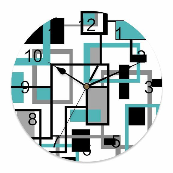 14 Inch Retro Middle Wall Clock, Ages Abstract Geometric Teal Black Square Battery Operated Silent Non Ticking Clocks, Easy to Read Round Wall Clock for Kitchen/Living Room/Bedroom/Bathroom