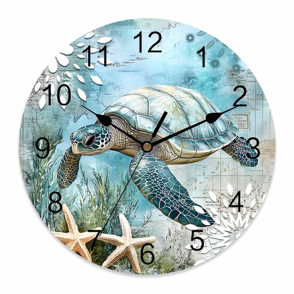 14 Inch Retro Sea Turtles Wall Clock, Ocean Sea Stars Corals Animal Battery Operated Silent Non Ticking Clocks, Easy to Read Round Wall Clock for Kitchen/Living Room/Bedroom/Bathroom