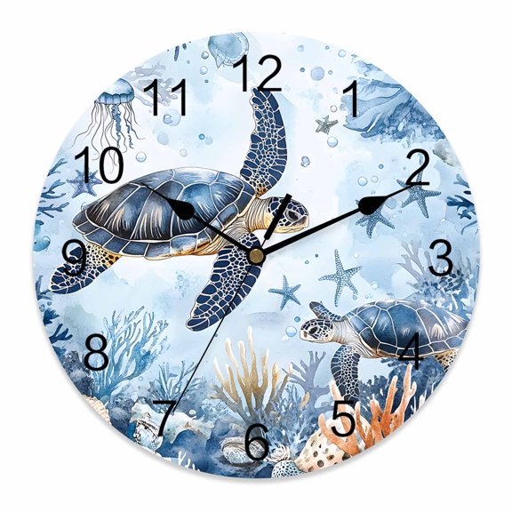 14 Inch Retro Sea Turtles Wall Clock, Sea Stars Corals Ocean Animals Battery Operated Silent Non Ticking Clocks, Easy to Read Round Wall Clock for Kitchen/Living Room/Bedroom/Bathroom