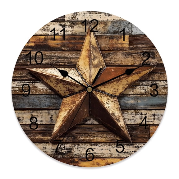 14 Inch Retro Star Wall Clock, Abstract Metal Shabby Stars Old Mottled Wood Wall Battery Operated Silent Non Ticking Clocks, Easy to Read Round Wall Clock for Kitchen/Living Room/Bedroom/Bathroom