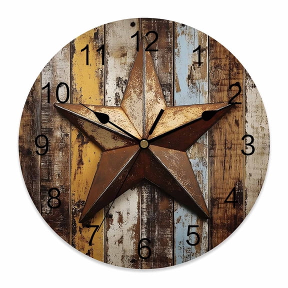 14 Inch Retro Star Wall Clock, Abstract Metal Stars Old Wooden Walls Country Battery Operated Silent Non Ticking Clocks, Easy to Read Round Wall Clock for Kitchen/Living Room/Bedroom/Bathroom