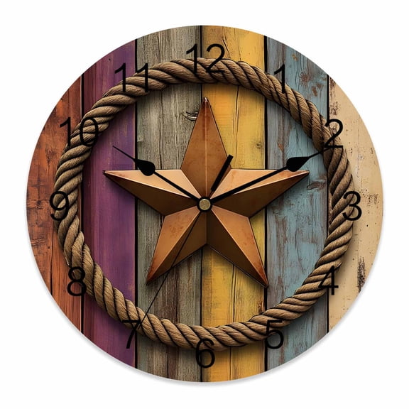 14 Inch Retro Star Wall Clock, Rope Old Mottled Colorful Wood Wall Abstract Battery Operated Silent Non Ticking Clocks, Easy to Read Round Wall Clock for Kitchen/Living Room/Bedroom/Bathroom