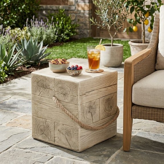 14 Inch Retro Woven Rope MGO Round Side Table, Light Gray & Brown Fan Base Accent End Table, No Assembly Indoor & Outdoor Patio Side Table