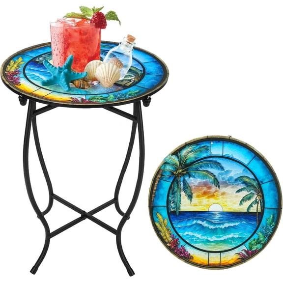 14 Inch Round Patio Side Table, Tropical Beach Stained Glass Style Weather Resistant Metal End Table, Small Accent Side Table for Patio Yard Porch Balcony Garden, Indoor Outdoor Plant Stand & Bedside