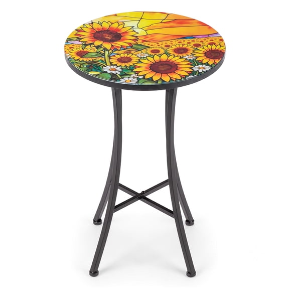 14Inch Round SunflowerMosaic Side Table, Iron Accent End Table, Lightweight Decorative Plant Stand, IndoorOutdoor Coffee Table for Patio Garden LivingRoom Balcony