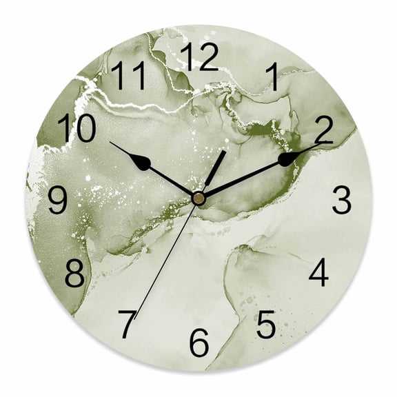 14 Inch Sage Green Abstract Wall Clock, Silver Marble Ripples Clouds Luxury Battery Operated Silent Non Ticking Clocks, Easy to Read Round Wall Clock for Kitchen/Living Room/Bedroom/Bathroom