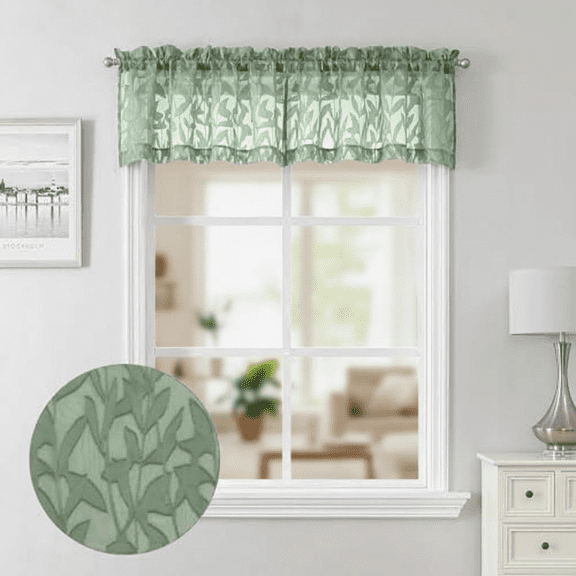 14 Inch Sage Green Sheer Curtains Set of 2 with Jacquard Leaf Pattern, Semi Voile Valance for Living Room or Bedroom Featuring Dual Rod Pockets, 38 Inches Wide by 14 Inches Long