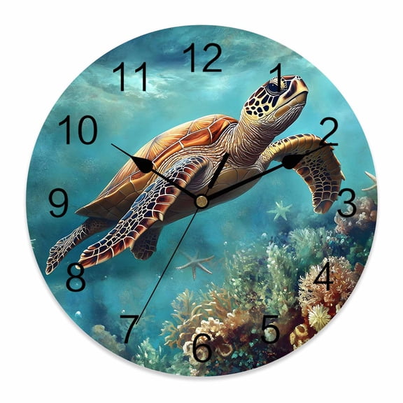 14 Inch Sea Turtle Wall Clock, Nautical Turquoise Ocean Underwear Coral Retro Battery Operated Silent Non Ticking Clocks, Easy to Read Round Wall Clock for Kitchen/Living Room/Bedroom/Bathroom