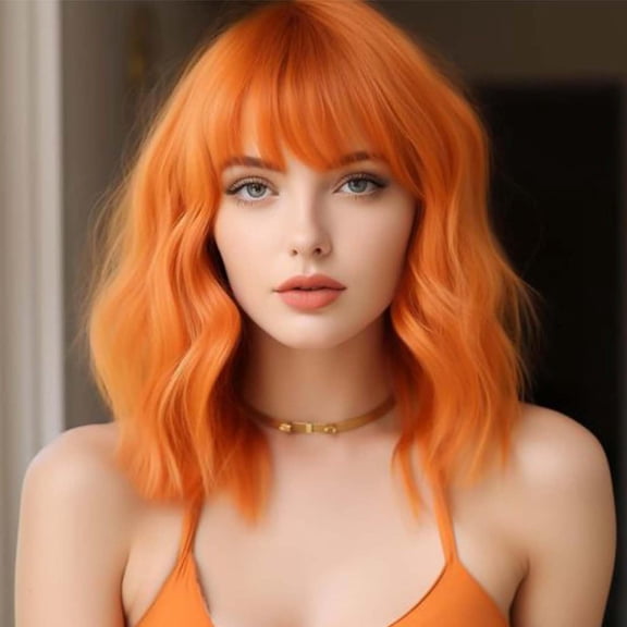 14 Inch Short Bob Wavy Wig with Bangs for Women, Synthetic Fiber, Shoulder Length, Color Variants