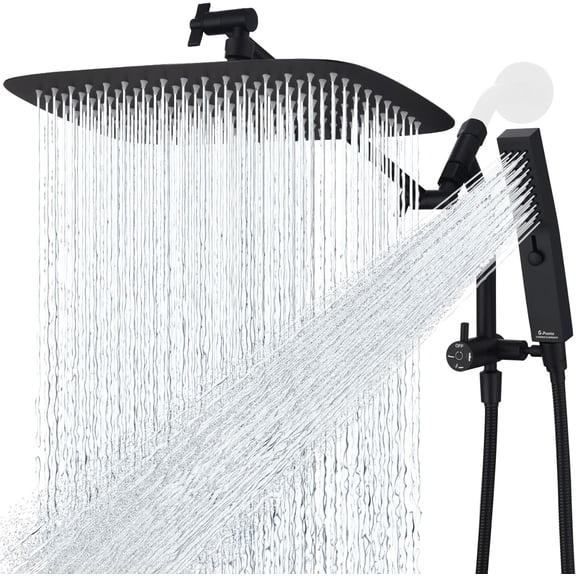 14 Inch Shower with Massage Mode Handheld, Rain Shower with Handheld Combo, 3-Way Diverter with Pause Setting, 12 Inch Adjustable Extension Arm (Matte Black)