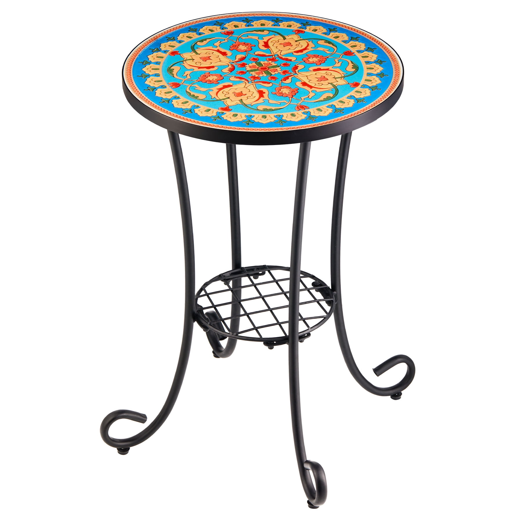 14 Inch Side Table w Ceramic Tile Top and Shelf for Patio Balcony Garden Faberge