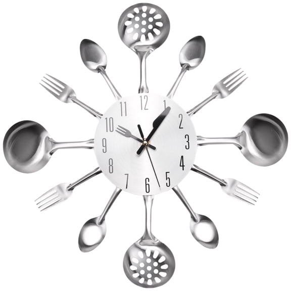 14 Inch Silver Metal Cutlery Wall Clock, 3D Fork Spoon Non-Ticking Quartz Clock for Kitchen Bedroom Home Decor