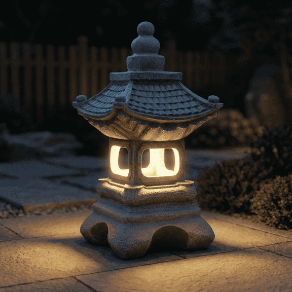 14 Inch Solar Japanese Pagoda Lantern Statue, Weather‑Resistant Resin Zen Outdoor Light for Patio Garden Yard