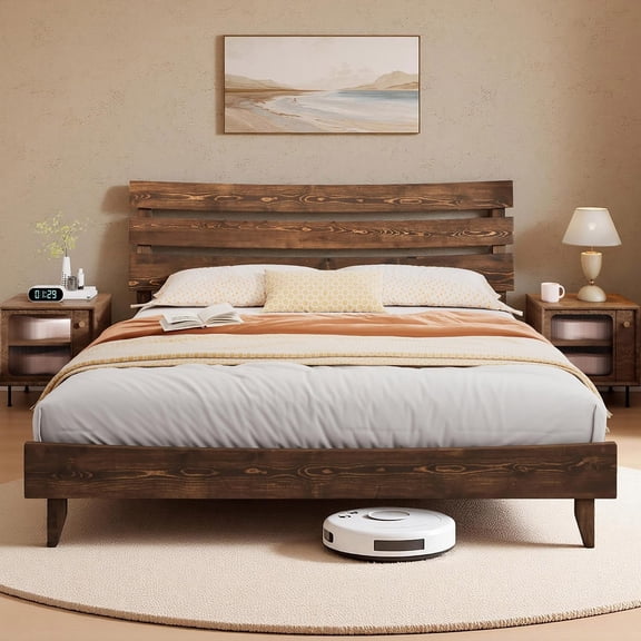 14 Inch Solid Wood Bed Frame with Headboard, Japanese Bed Frame, Mid-Century Style Queen Size Platform Bed with Wood Slats Support, No Box Spring Needed, Easy Assembly, Chocolate