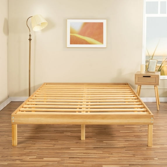 Queen Size Wood Platform Bed Frame, No Box Spring Needed, Solid Pine Wood Queen Platform Bed Frame, Japanese Queen Bed Frame - Natural