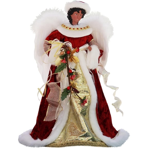 14" Inch Standing Red Floral African American Black Angel Christmas Tree Topper or Table Top 414570A