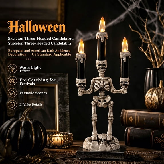 14 Inch Standing Skeleton Candelabra LED Light, 3 Flickering Flameless Black Drip Candle Lamp, Spooky Halloween Tabletop Ornament for Mantel Party Bar Decor
