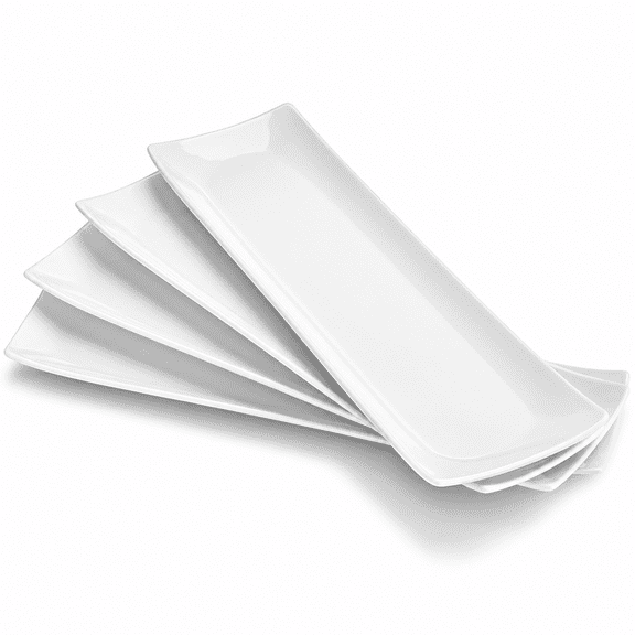 14 Inch Sushi Plates Set of 4, White Porcelain Long Rectangular Serving Platters for Appetizers, Snacks and Entertaining