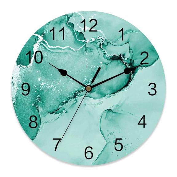 14 Inch Teal Abstract Wall Clock, Silver Marble Ripples Clouds Luxury Fluid Art Battery Operated Silent Non Ticking Clocks, Easy to Read Round Wall Clock for Kitchen/Living Room/Bedroom/Bathroom