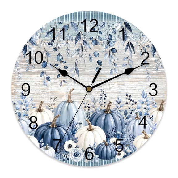 14 Inch Thanksgiving Blue Pumpkin Wall Clock, Fall Vintage Harvest Rose Flowers Berry Battery Operated Silent Non Ticking Clocks, Easy to Read Round Wall Clock for Kitchen/Living Room/Bedroom