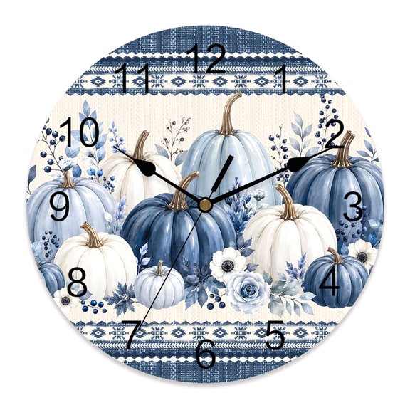 14 Inch Thanksgiving Day Wall Clock, Fall Harvest Blue White Pumpkins Berry Flower Stripe Battery Operated Silent Non Ticking Clocks, Easy to Read Round Wall Clock for Kitchen/Living Room/Bedroom