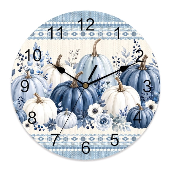 14 Inch Thanksgiving Day Wall Clock, Fall Harvest Pumpkins Berry Flower Blue Stripe Battery Operated Silent Non Ticking Clocks, Easy to Read Round Wall Clock for Kitchen/Living Room/Bedroom/Bathroom