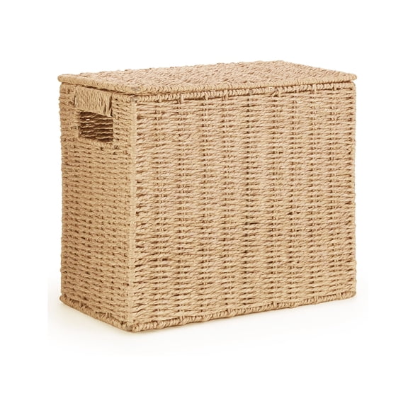 14 Inch Toilet Paper Storage Basket with Lid, 6-Roll Bathroom Organizer, Woven Paper Rope Basket for Narrow Spaces, Multi-Purpose Holder for Towels, Utensils, Picnic & Home Decor