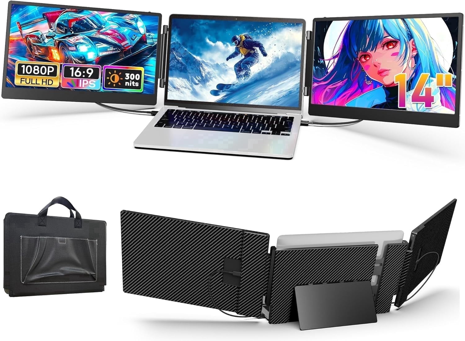 14 Inch Triple Laptop Screen Extender, Plug and Play 1080P FHD IPS ...