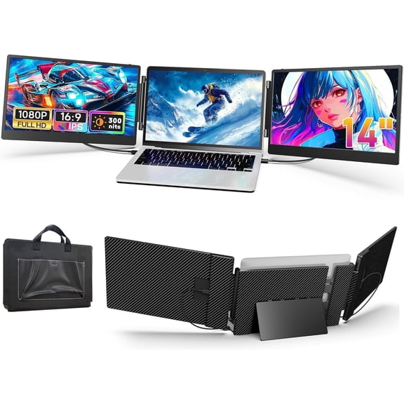 14 Inch Triple Laptop Screen Extender, Plug and Play 1080P FHD IPS Portable Monitor, Dual Extended Display for 13"-16.5" Laptops, Compatible with Windows, Chrome OS, Switch, PS5