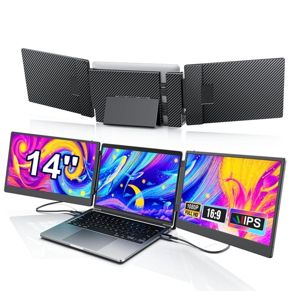 14" Triple Laptop Screen Extender, FHD 1080P IPS Portable Monitor for Laptop, Triple Screen Monitor Extender Compatible with 13"-17" Laptops, HDMI/USB-A/C Plug-Play for Mac/Windows/Android/Dex