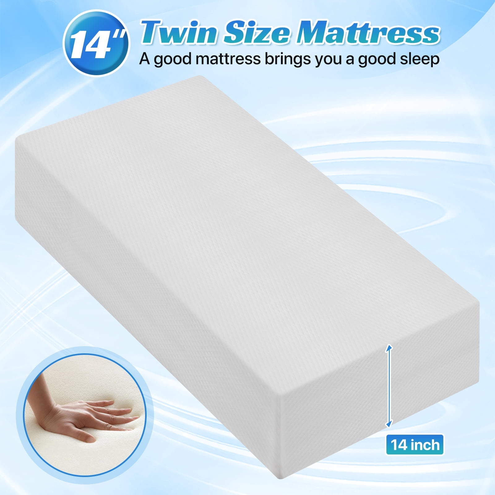 14 Inch Twin Mattress, Gel Memory Foam Mattress for Kids&Adults, CertiPUR-US Certified, Medium Firm Mattress Bed-in-a-Box, (Twin Size,White )
