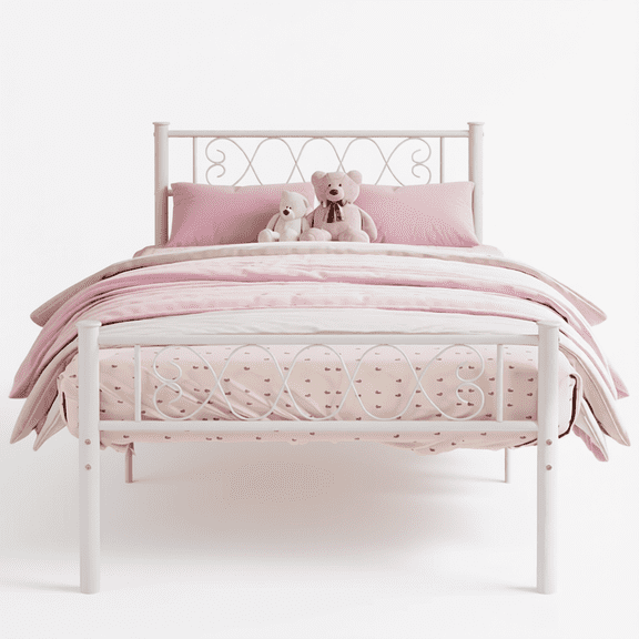 14 Inch Twin Metal Platform Bed Frame with Headboard, White