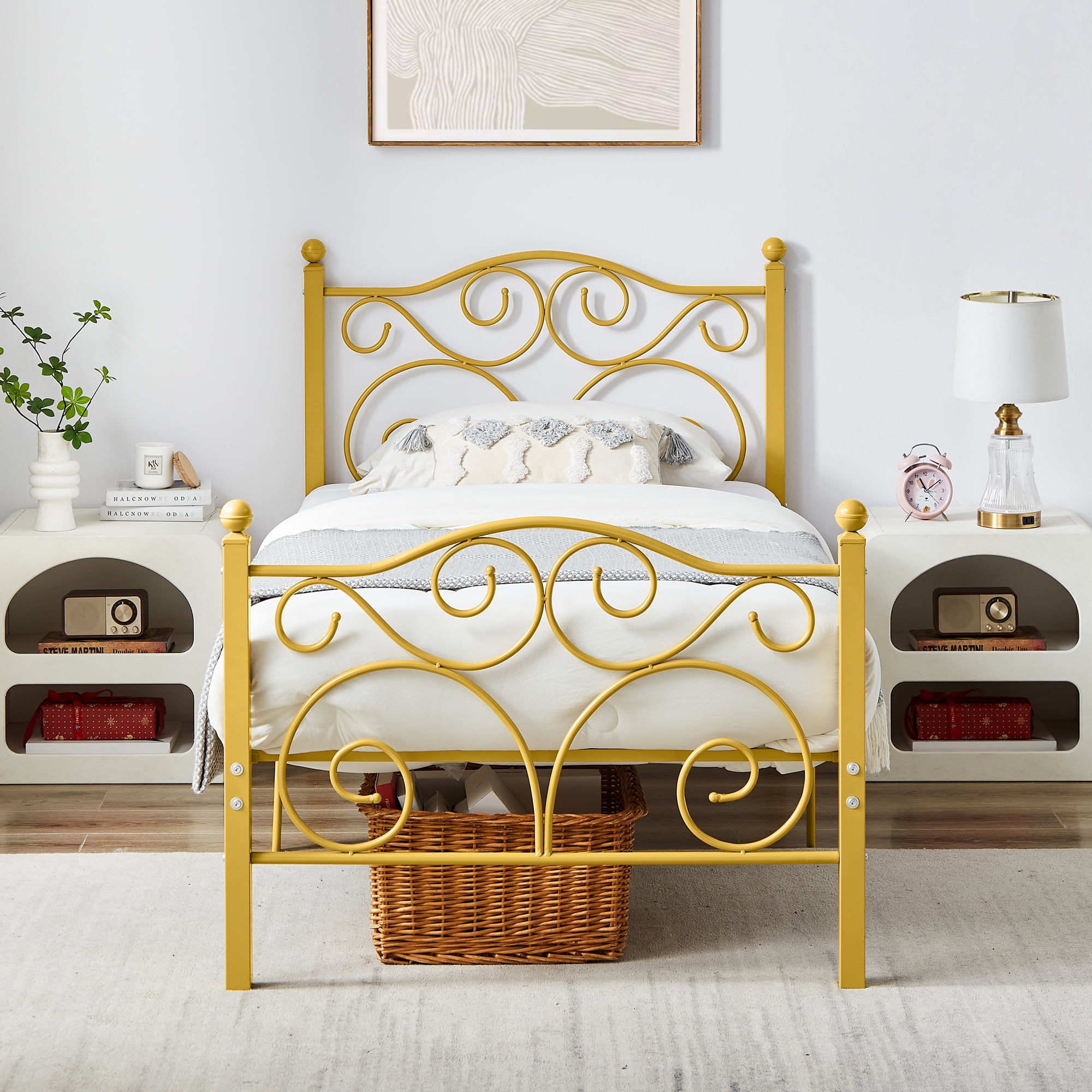 14 Inch Twin Size Metal Platform Bed Frame with Headboard and Footboard, Heavy Duty Mattress Foundation with Steel Slats Support, No Box Spring Needed, Gold