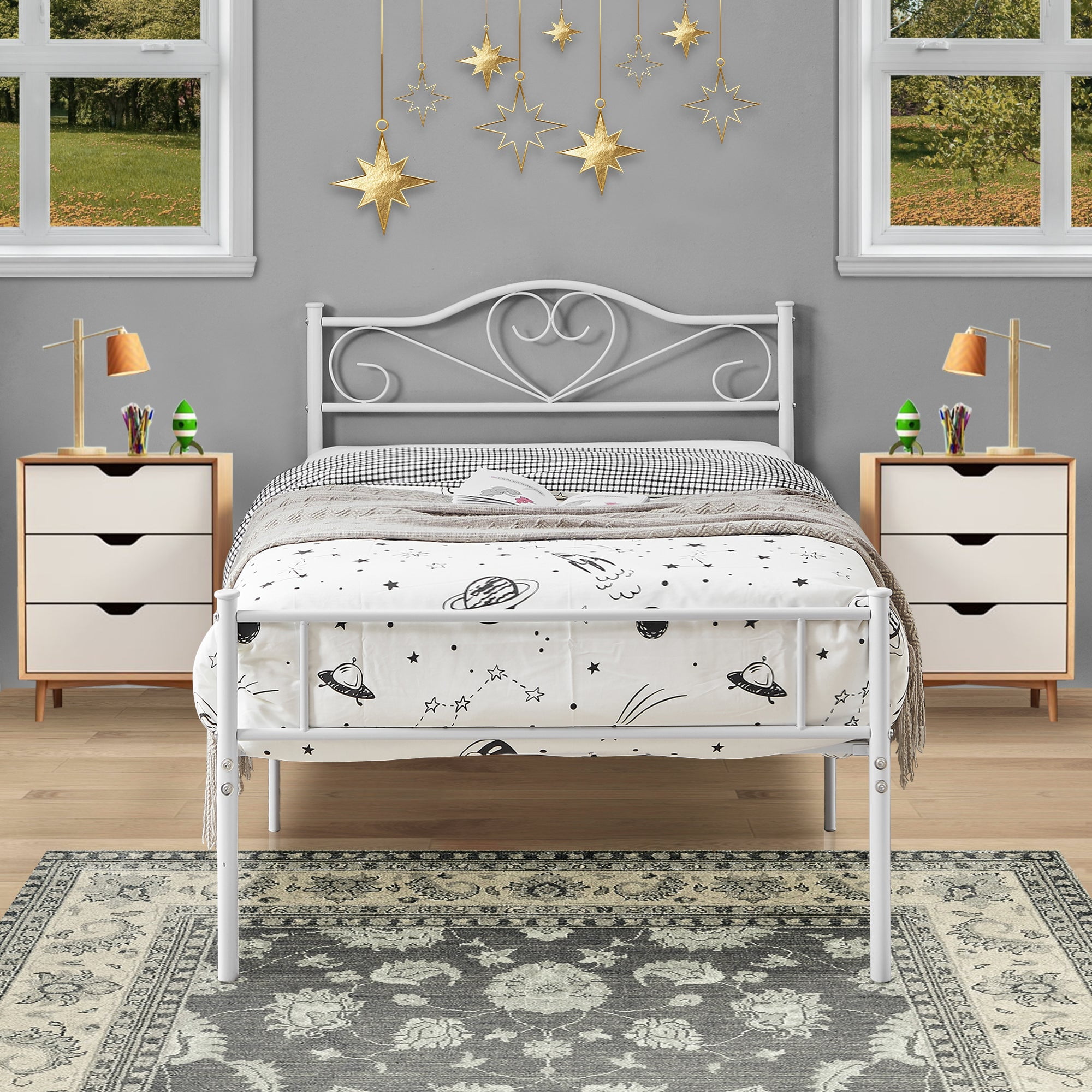 14 Inch Twin Size Metal Platform Bed Frame with Headboard and Footboard, Heavy Duty Mattress Foundation with Steel Slats Support, No Box Spring Needed, White