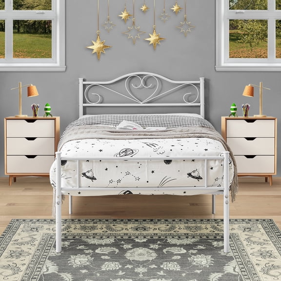 14 Inch Twin Size Metal Platform Bed Frame with Headboard and Footboard, Heavy Duty Mattress Foundation with Steel Slats Support, No Box Spring Needed, White