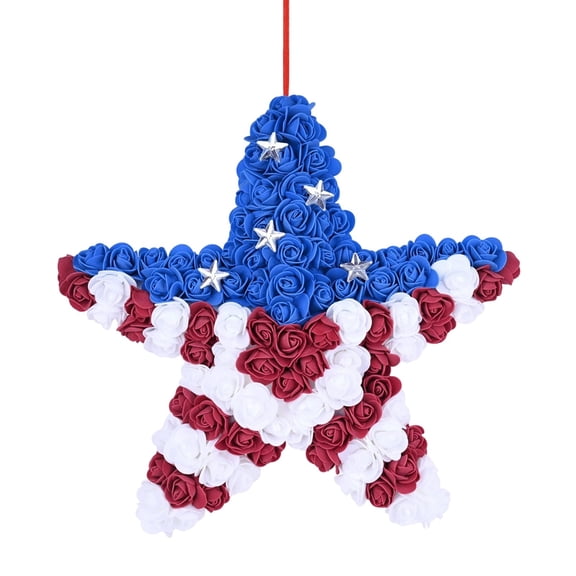 14 Inch US 250th Anniversary Red White Blue Large Star Shape Flower Wreath for Front Door, Forth of July American Flag Color Soft Touch Floral Wreath for Indoor, Independence Day Home Decor
