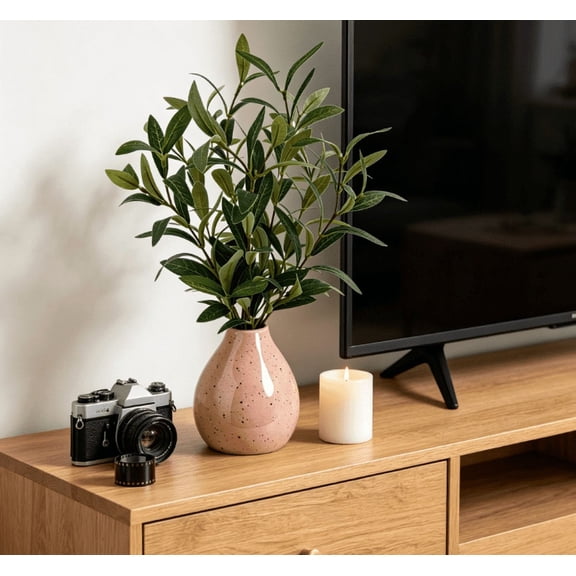 14-Inch UV Resistant Artificial Olive Tree, Faux Olive Plant with Olive Stems for Vase, Olive Branches for Indoor Outdoor Home Decor (Pink Ceramic Vase)