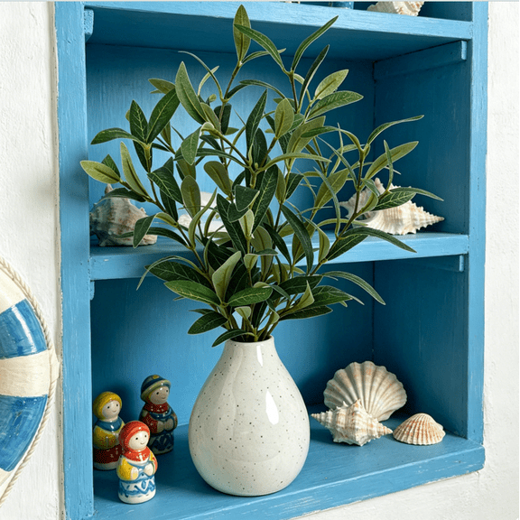 14-Inch UV Resistant Artificial Olive Tree, Faux Olive Plant with Olive Stems for Vase, Olive Branches for Indoor Outdoor Home Decor (White Ceramic Vase)