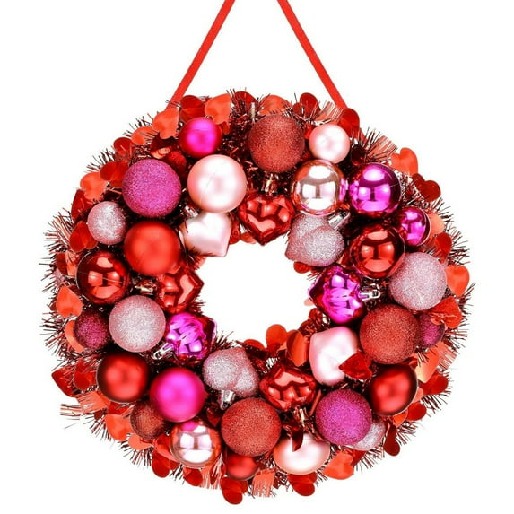 14 Inch Valentine's Day Door Wreath Valentine's Wreath for Front Door Tinsel Valentine Heart Wreaths with Heart Shaped Ornaments Valentine's Day Wedding Anniversary Decoration