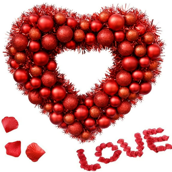 14 Inch Valentine's Day Door Wreath Valentine's Wreath for Front Door Tinsel Valentine Heart Wreaths with Heart Shaped Ornaments Valentine's Day Wedding Anniversary Decoration