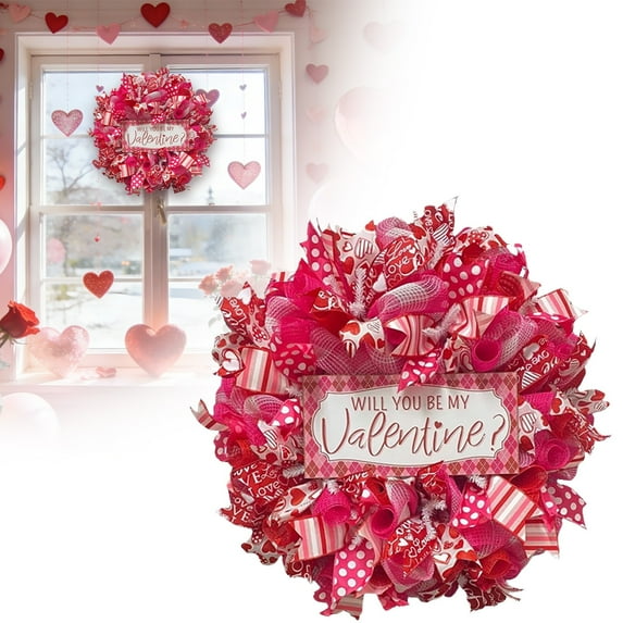 14 Inch Valentine's Day Mesh Wreath, Valentines Front Door Wreath, Valentines Mesh Wreath with Ribbon, Valentine's Day Mesh Wreath for Front Door Wedding Anniversary Indoor Outdoor Decor